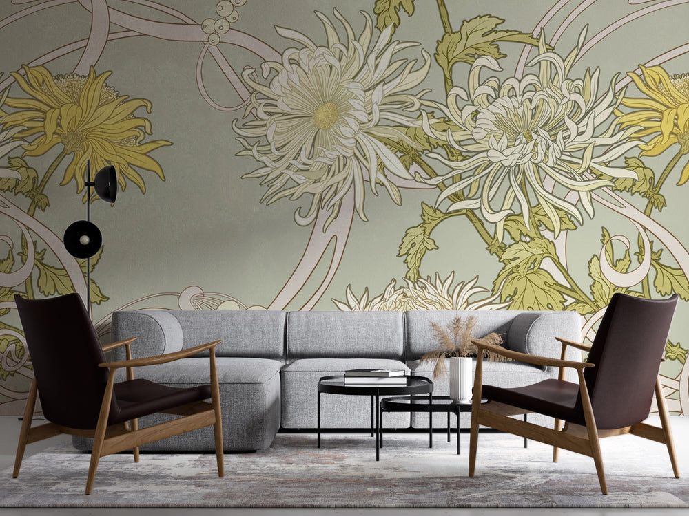 Art Nouveau Sarı Krizantemler Duvar Kağıdı – uygulama görseli 3