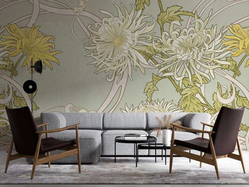 Art Nouveau Sarı Krizantemler Duvar Kağıdı – uygulama görseli 3