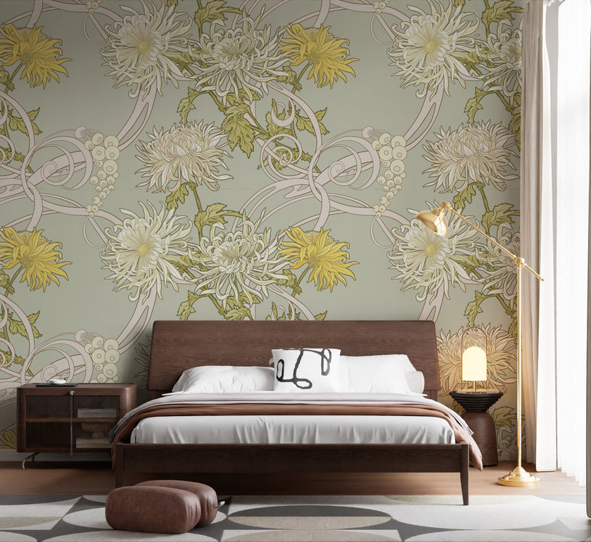 Art Nouveau Sarı Krizantemler Duvar Kağıdı – uygulama görseli 4