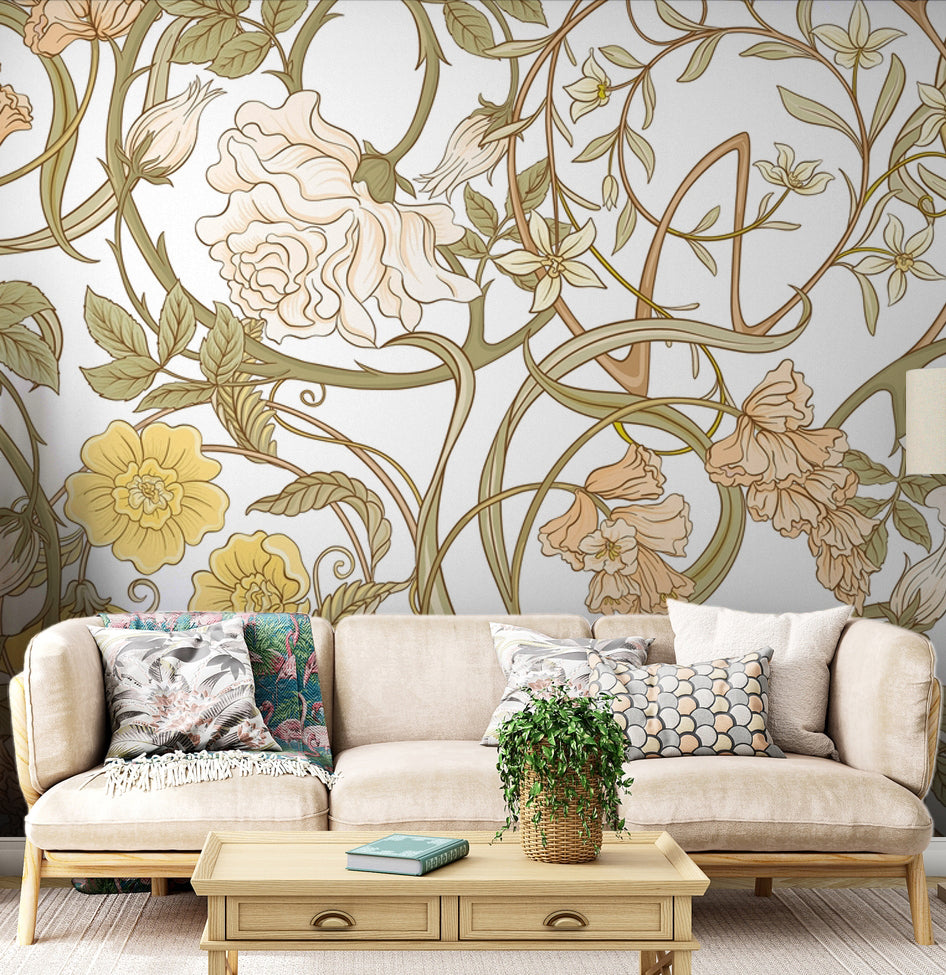 Art Nouveau Krem Güller ve Sarmaşıklar Duvar Kağıdı – Beyaz Fon