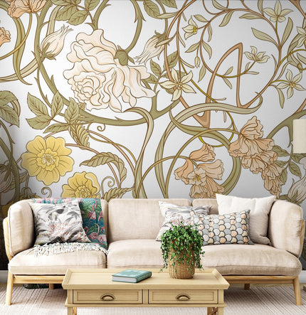 Art Nouveau Krem Güller ve Sarmaşıklar Duvar Kağıdı – Beyaz Fon