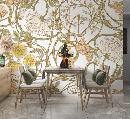 Art Nouveau Krem Güller ve Sarmaşıklar Duvar Kağıdı – uygulama görseli 2