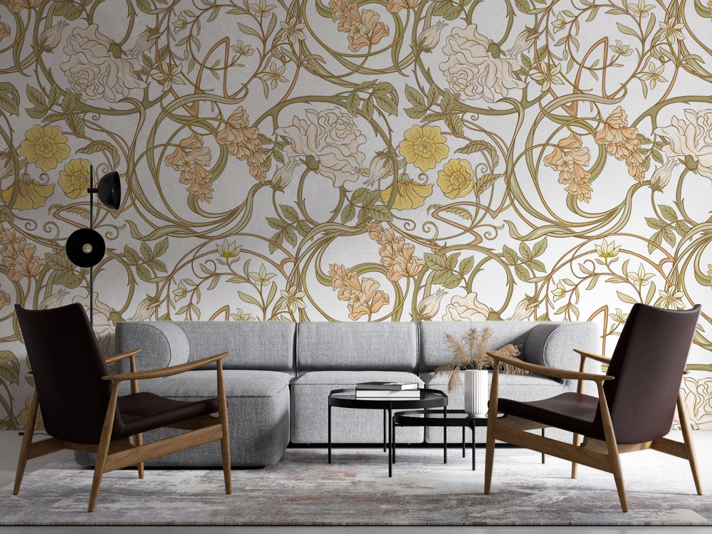 Art Nouveau Krem Güller ve Sarmaşıklar Duvar Kağıdı – uygulama görseli 3