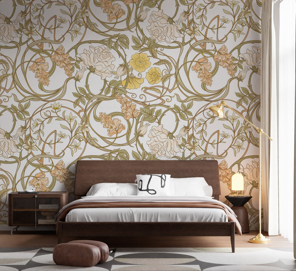 Art Nouveau Krem Güller ve Sarmaşıklar Duvar Kağıdı – uygulama görseli 4