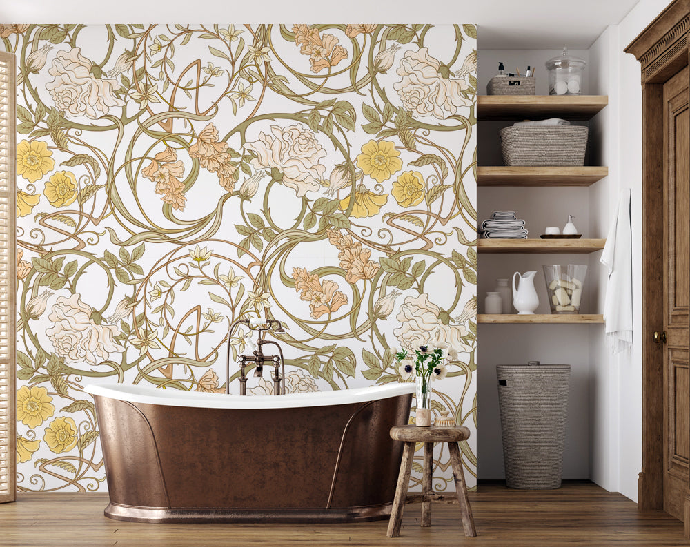 Art Nouveau Krem Güller ve Sarmaşıklar Duvar Kağıdı – uygulama görseli 6