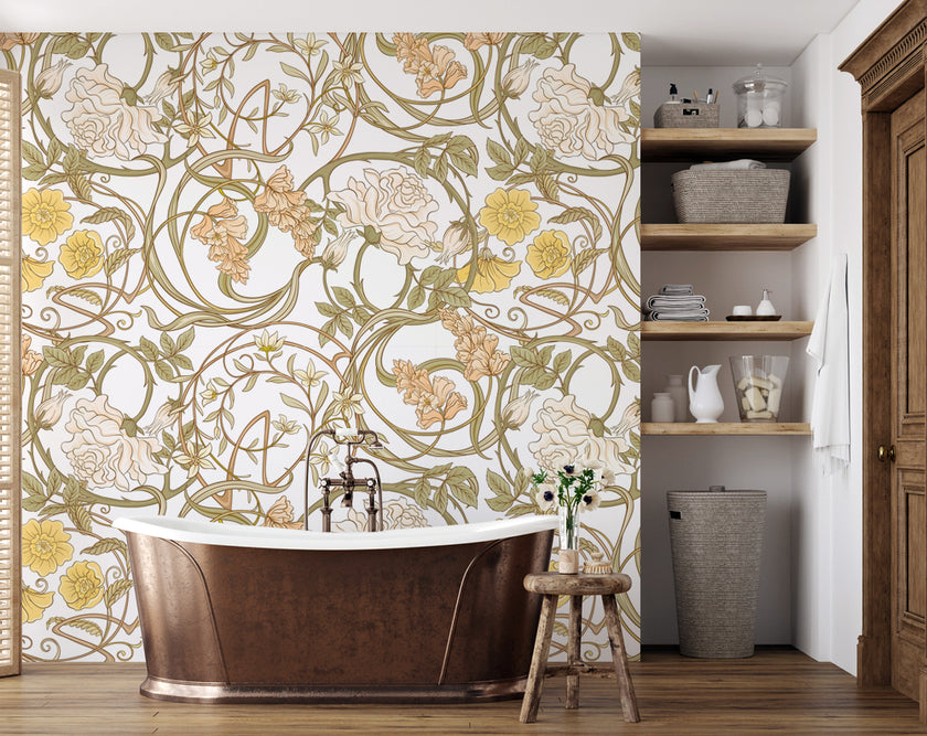 Art Nouveau Krem Güller ve Sarmaşıklar Duvar Kağıdı – uygulama görseli 6