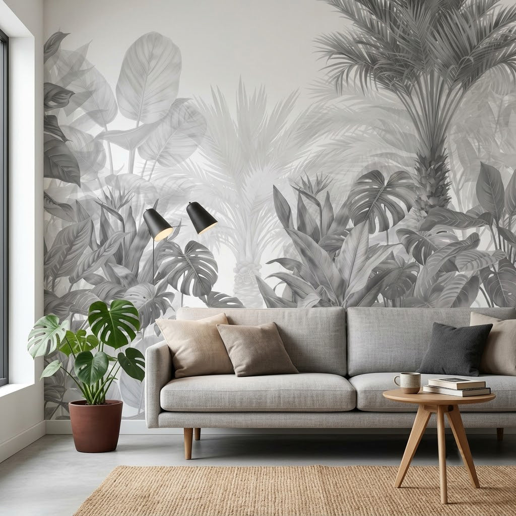Gri Monokrom Monstera ve Palmiye Bahçesi Duvar Kağıdı