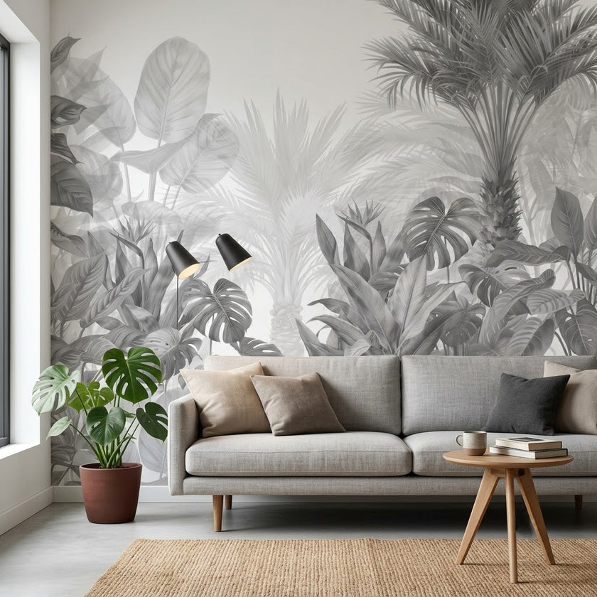 Gri Monokrom Monstera ve Palmiye Bahçesi Duvar Kağıdı