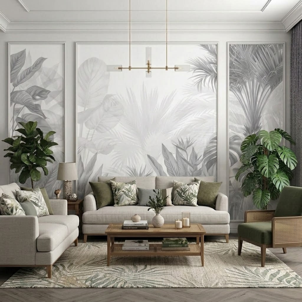 Gri Monokrom Monstera ve Palmiye Bahçesi Çıtalı Duvar Kağıdı Seti – uygulama görseli 4