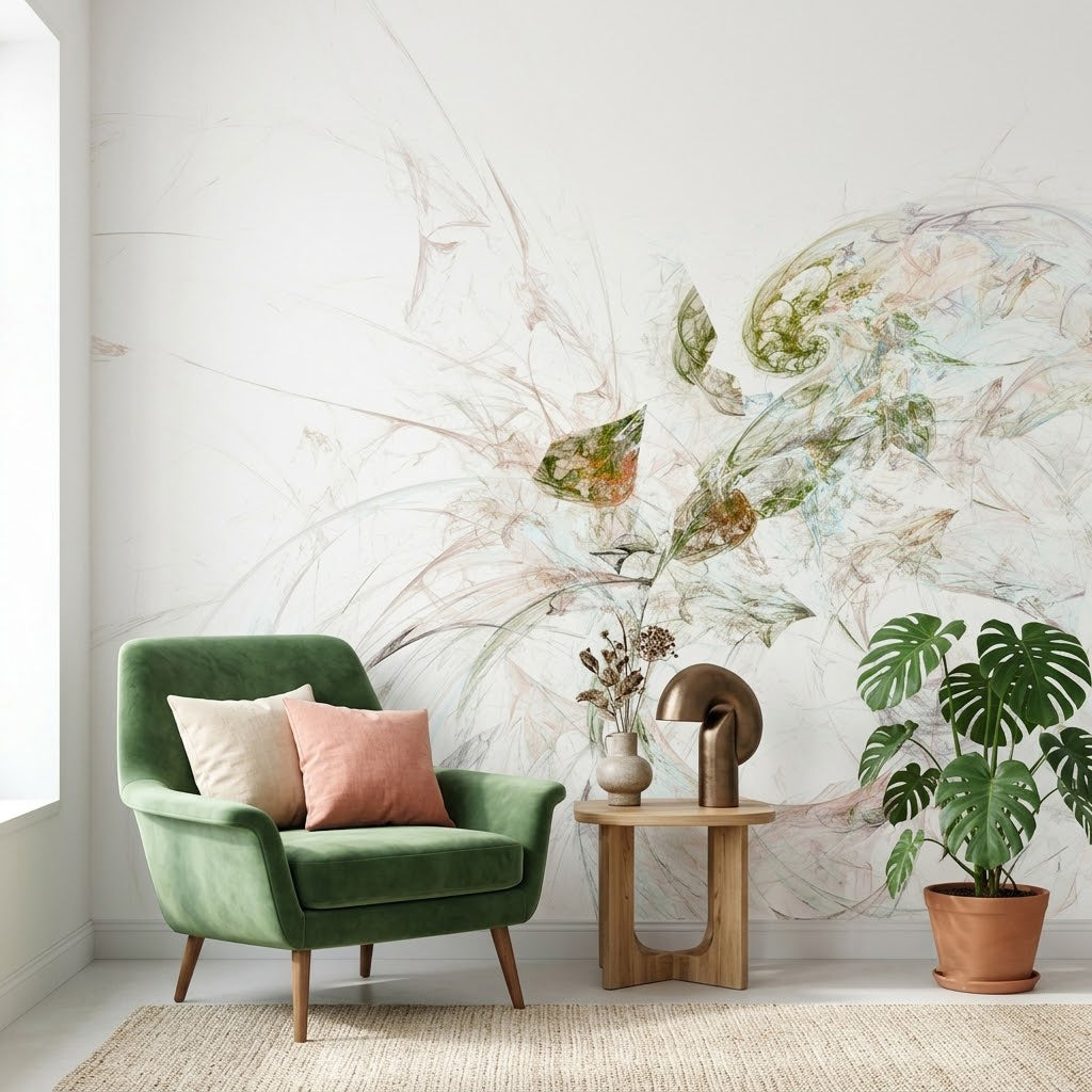 Minimal Pastel Soyut Bitkiler Duvar Kağıdı – Beyaz Fon
