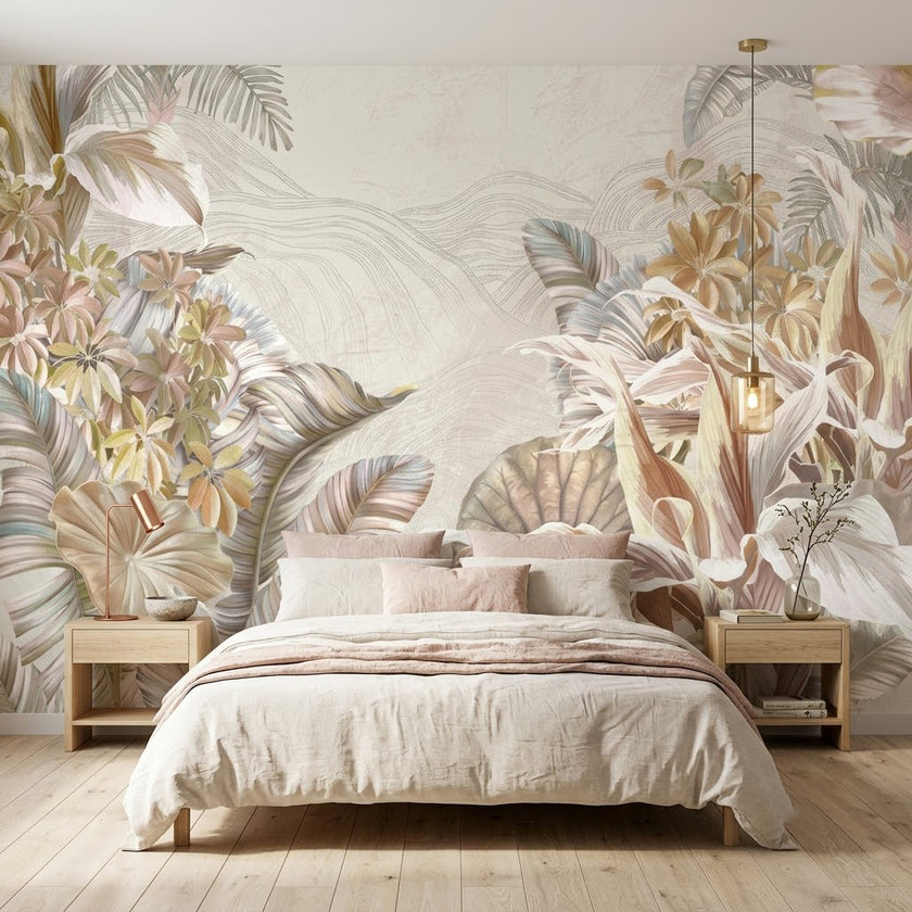 Pastel Pembe ve Altın Tropikal Yapraklar Duvar Kağıdı – Krem Fon