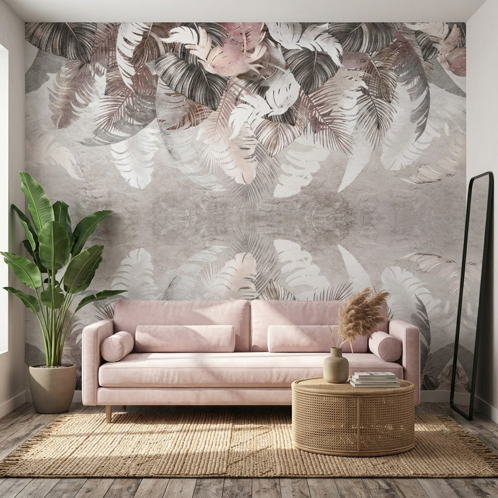Pembe Gri Tropikal Yapraklar ve Su Yansıması Duvar Kağıdı