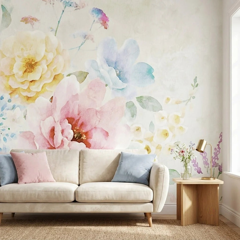Suluboya Sarı, Pembe ve Mavi Çiçekler Duvar Kağıdı