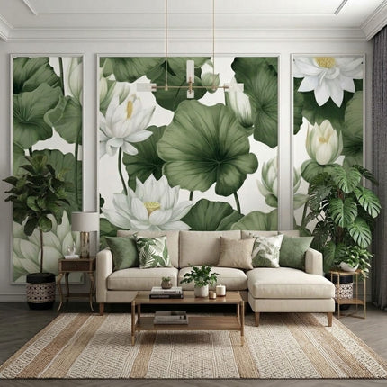 Beyaz Nilüferler ve Yeşil Lotus Yaprakları Çıtalı Duvar Kağıdı Seti – uygulama görseli 2