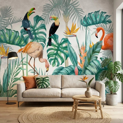 Tukanlar, Flamingolar ve Monstera Yaprakları Duvar Kağıdı