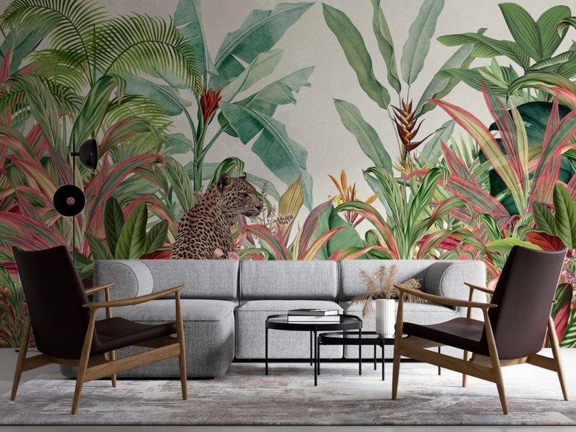 Leopar ve Renkli Tropikal Bitkiler Duvar Kağıdı – uygulama görseli 4