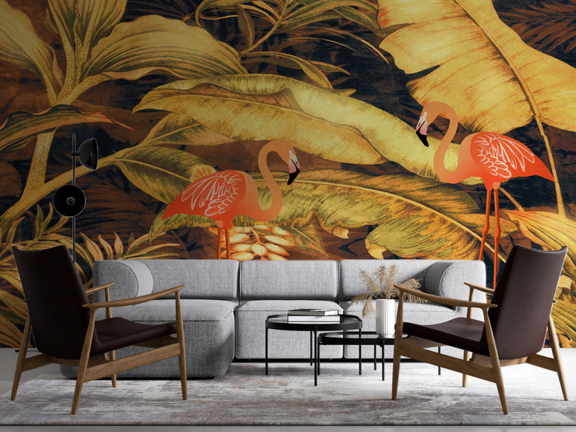 Yağlı Boya Altın Yapraklar ve Flamingolar Duvar Kağıdı – uygulama görseli 4