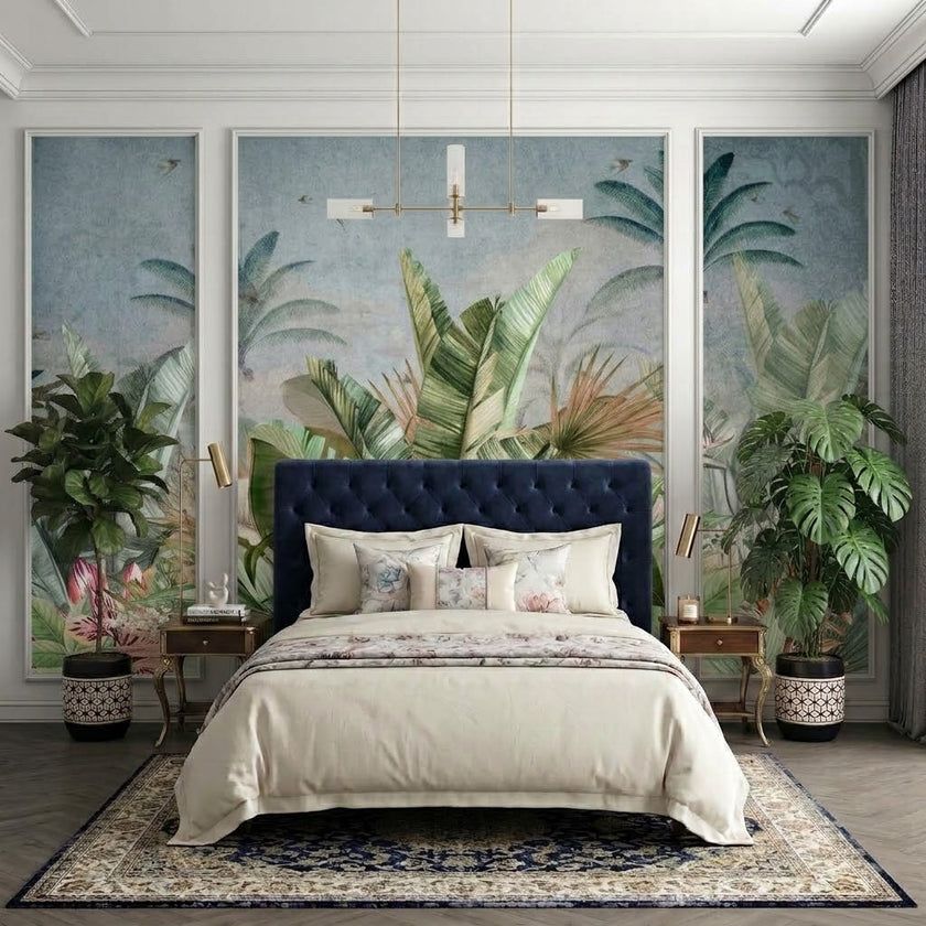 Tropikal Yapraklar ve Uçan Kuşlar Çıtalı Duvar Kağıdı Seti – uygulama görseli 3