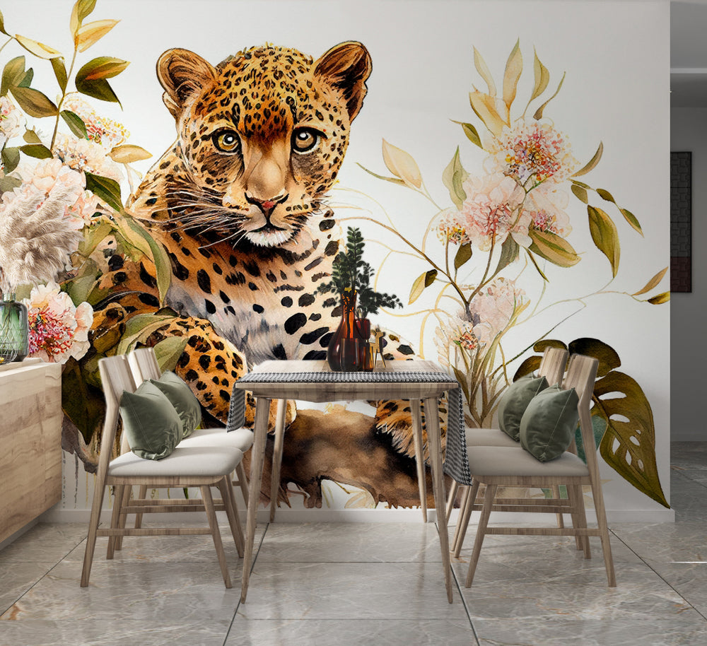 Leopar ve Pastel Çiçekler Duvar Kağıdı – uygulama görseli 3