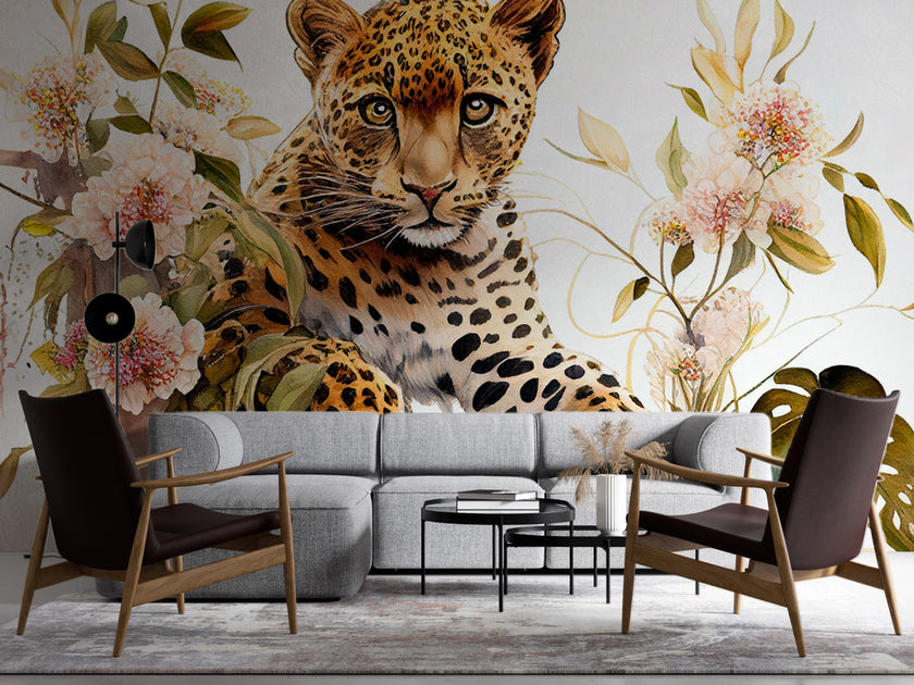 Leopar ve Pastel Çiçekler Duvar Kağıdı – uygulama görseli 4