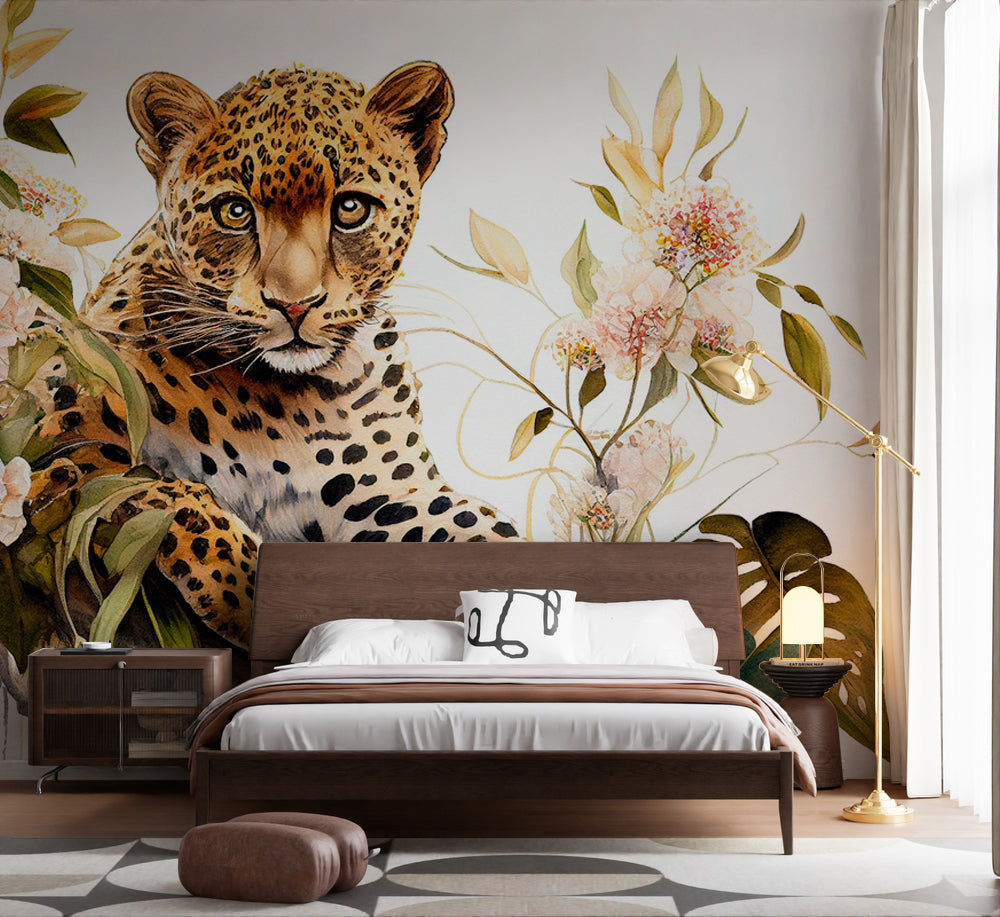 Leopar ve Pastel Çiçekler Duvar Kağıdı – uygulama görseli 5