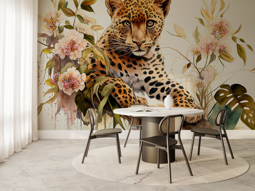 Leopar ve Pastel Çiçekler Duvar Kağıdı – uygulama görseli 6