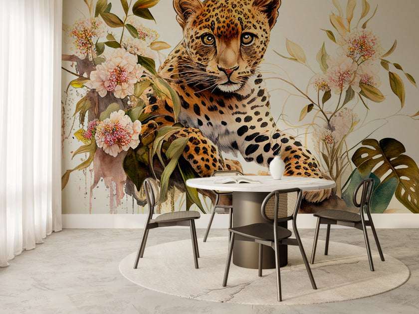 Leopar ve Pastel Çiçekler Duvar Kağıdı – uygulama görseli 6