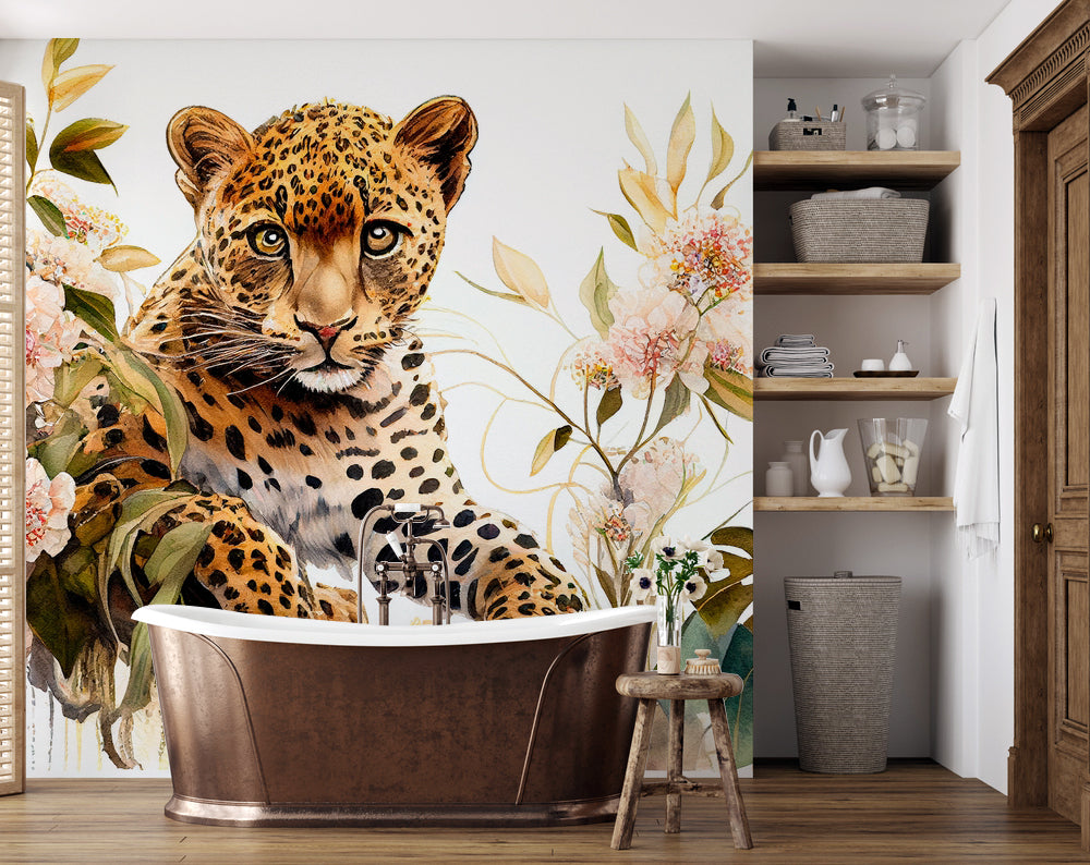 Leopar ve Pastel Çiçekler Duvar Kağıdı – uygulama görseli 7