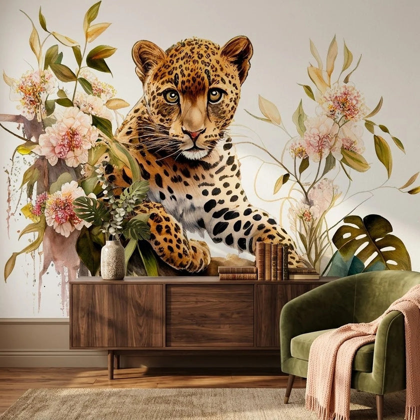 Leopar ve Pastel Çiçekler Duvar Kağıdı – Beyaz Fon