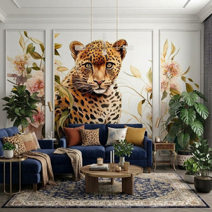 Leopar ve Pastel Çiçekler Çıtalı Duvar Kağıdı Seti – uygulama görseli 2