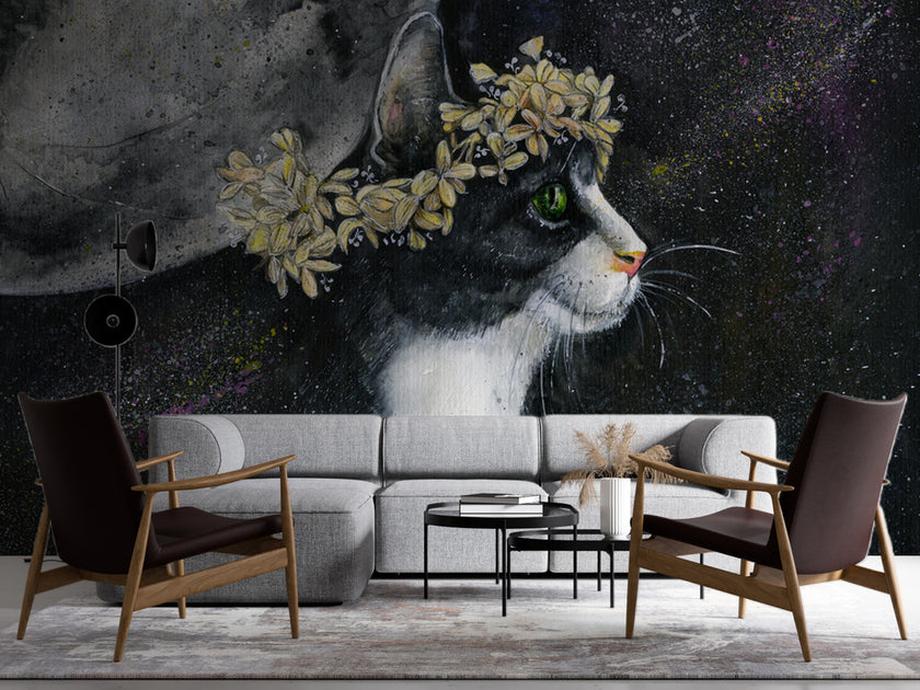 Çiçek Taçlı Kedi ve Dolunay Duvar Kağıdı – uygulama görseli 4