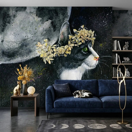 Çiçek Taçlı Kedi ve Dolunay Duvar Kağıdı – Koyu Fon