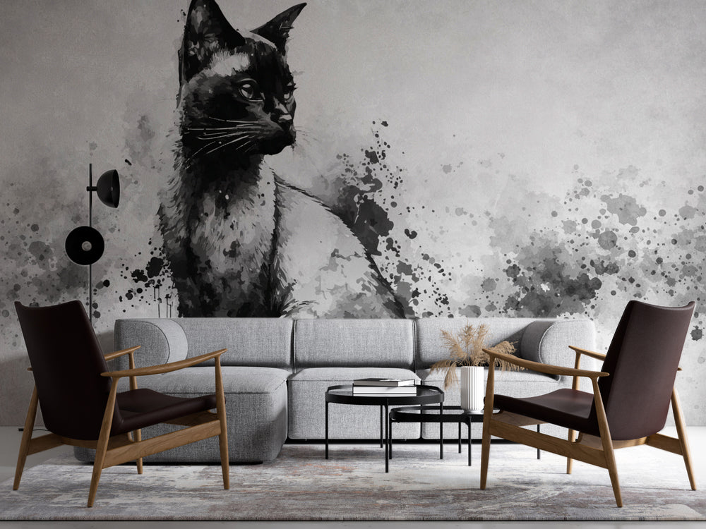 Suluboya Siyah Beyaz Kedi Portresi Duvar Kağıdı – uygulama görseli 4