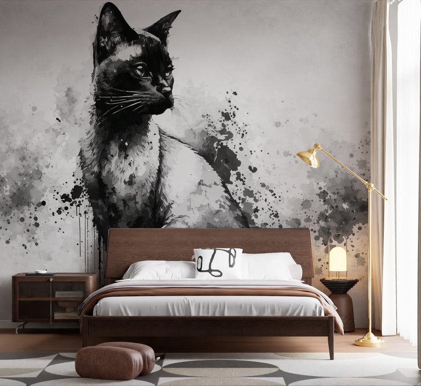 Suluboya Siyah Beyaz Kedi Portresi Duvar Kağıdı – uygulama görseli 5