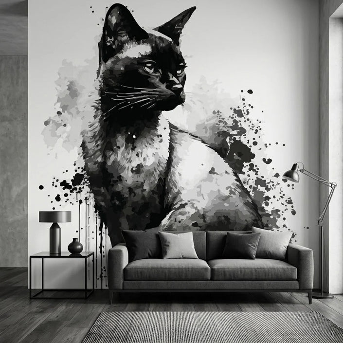 Suluboya Siyah Beyaz Kedi Portresi Duvar Kağıdı
