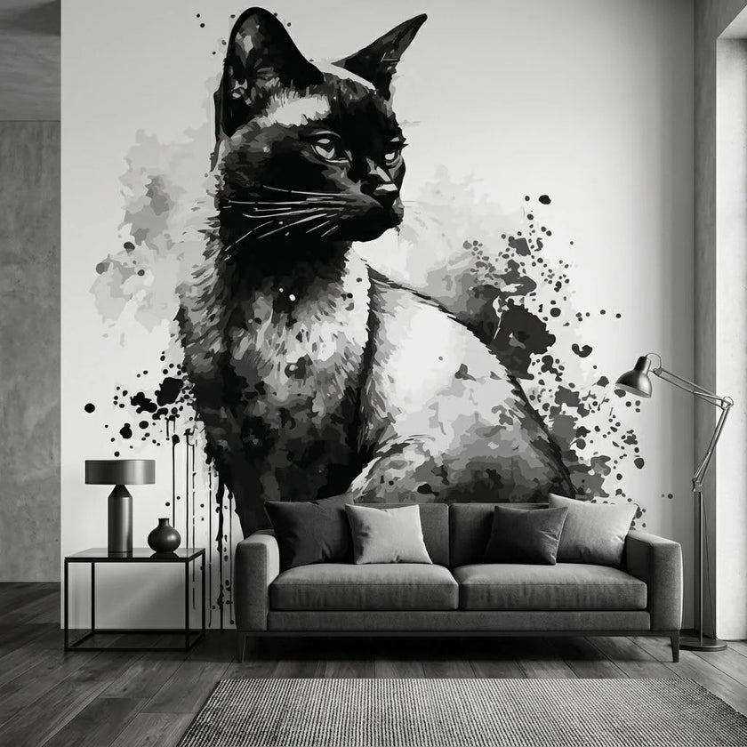 Suluboya Siyah Beyaz Kedi Portresi Duvar Kağıdı