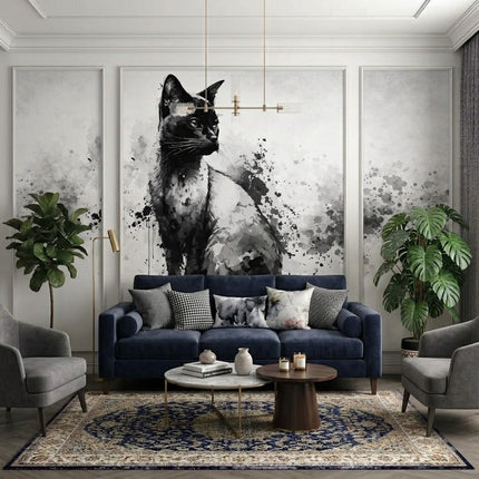 Suluboya Siyah Beyaz Kedi Portresi Çıtalı Duvar Kağıdı Seti