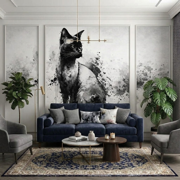 Suluboya Siyah Beyaz Kedi Portresi Çıtalı Duvar Kağıdı Seti