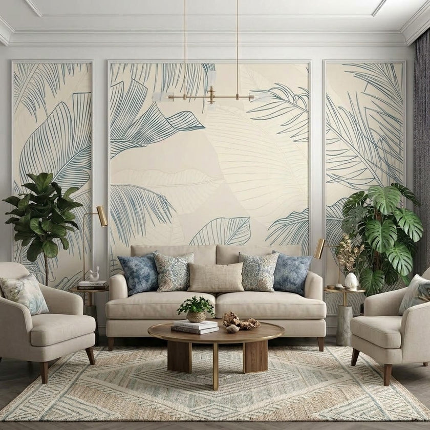 Minimal Çizgi Tropikal Yapraklar Çıtalı Duvar Kağıdı Seti – uygulama görseli 3