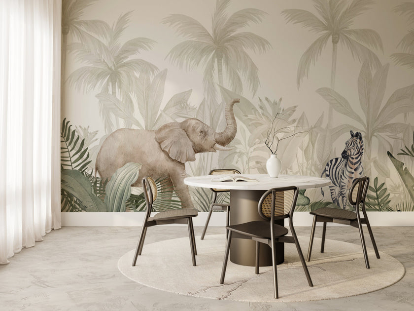 Fil, Zebra ve Pastel Palmiyeler Çocuk Odası Duvar Kağıdı – uygulama görseli 6