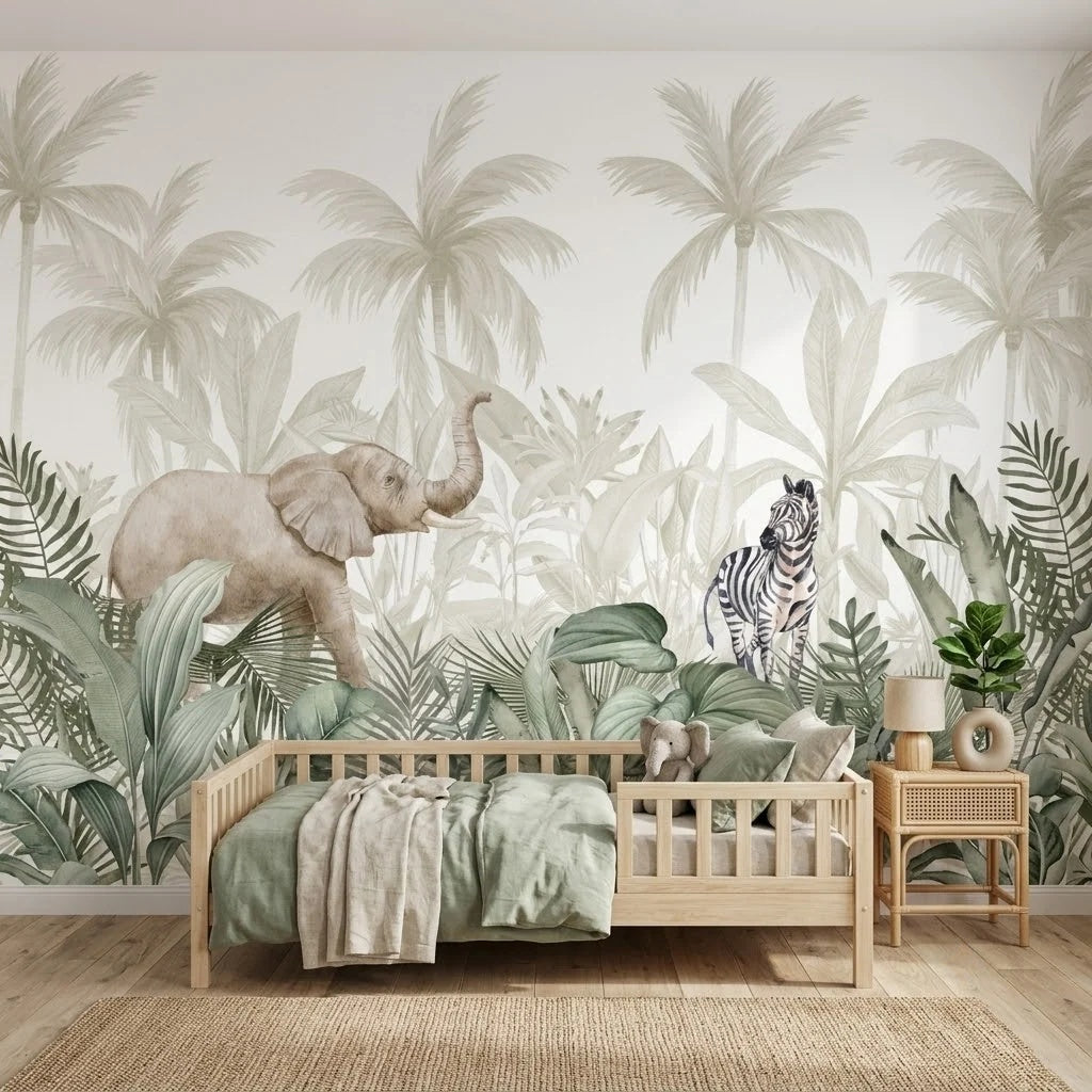Fil, Zebra ve Pastel Palmiyeler Çocuk Odası Duvar Kağıdı