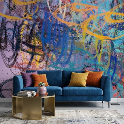 Renkli Karalama Soyut Grafiti Duvar Kağıdı – Lila Fon