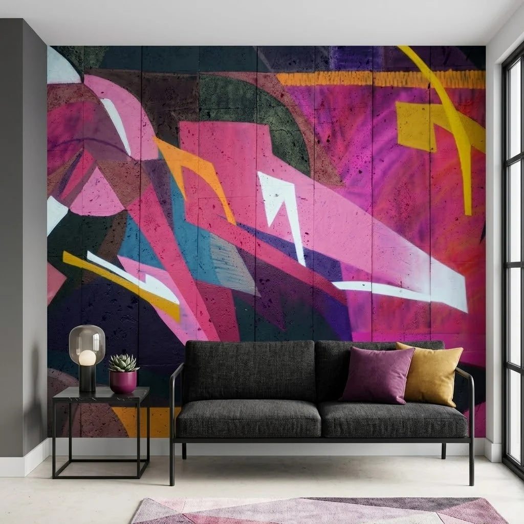 Fuşya Geometrik Grafiti Duvar Kağıdı – Koyu Fon