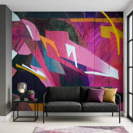 Fuşya Geometrik Grafiti Duvar Kağıdı – Koyu Fon