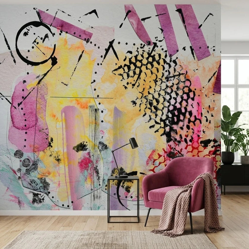 Pembe Sarı Soyut Kolaj ve Desenler Duvar Kağıdı