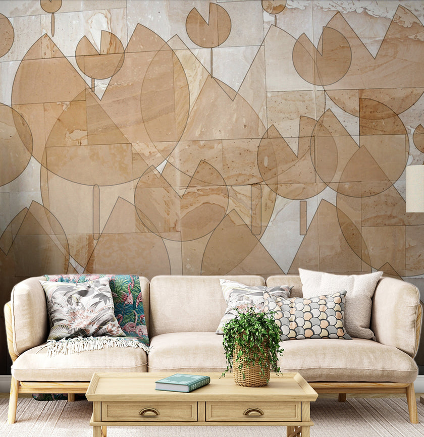 Bej Geometrik Yapraklar Kolaj Duvar Kağıdı – uygulama görseli 2