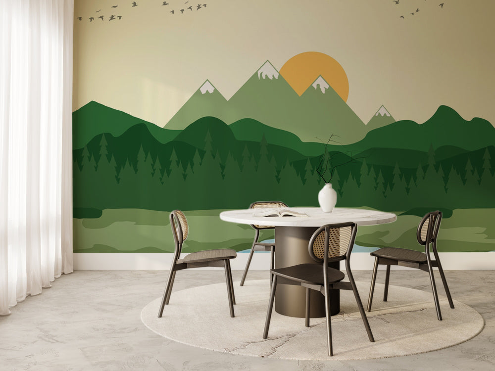 Minimal Yeşil Dağlar ve Gün Doğumu Manzara Duvar Kağıdı – uygulama görseli 6
