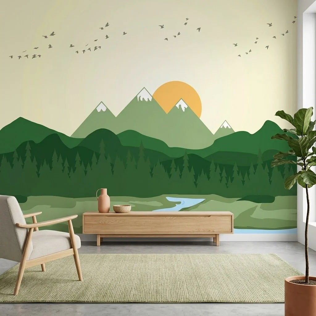 Minimal Yeşil Dağlar ve Gün Doğumu Manzara Duvar Kağıdı