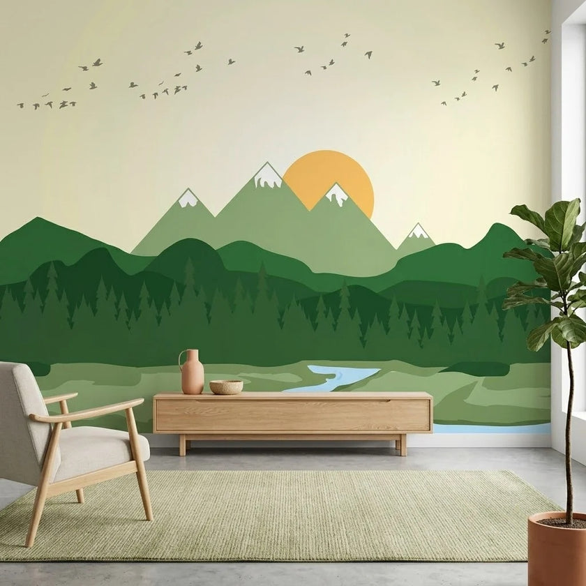 Minimal Yeşil Dağlar ve Gün Doğumu Manzara Duvar Kağıdı