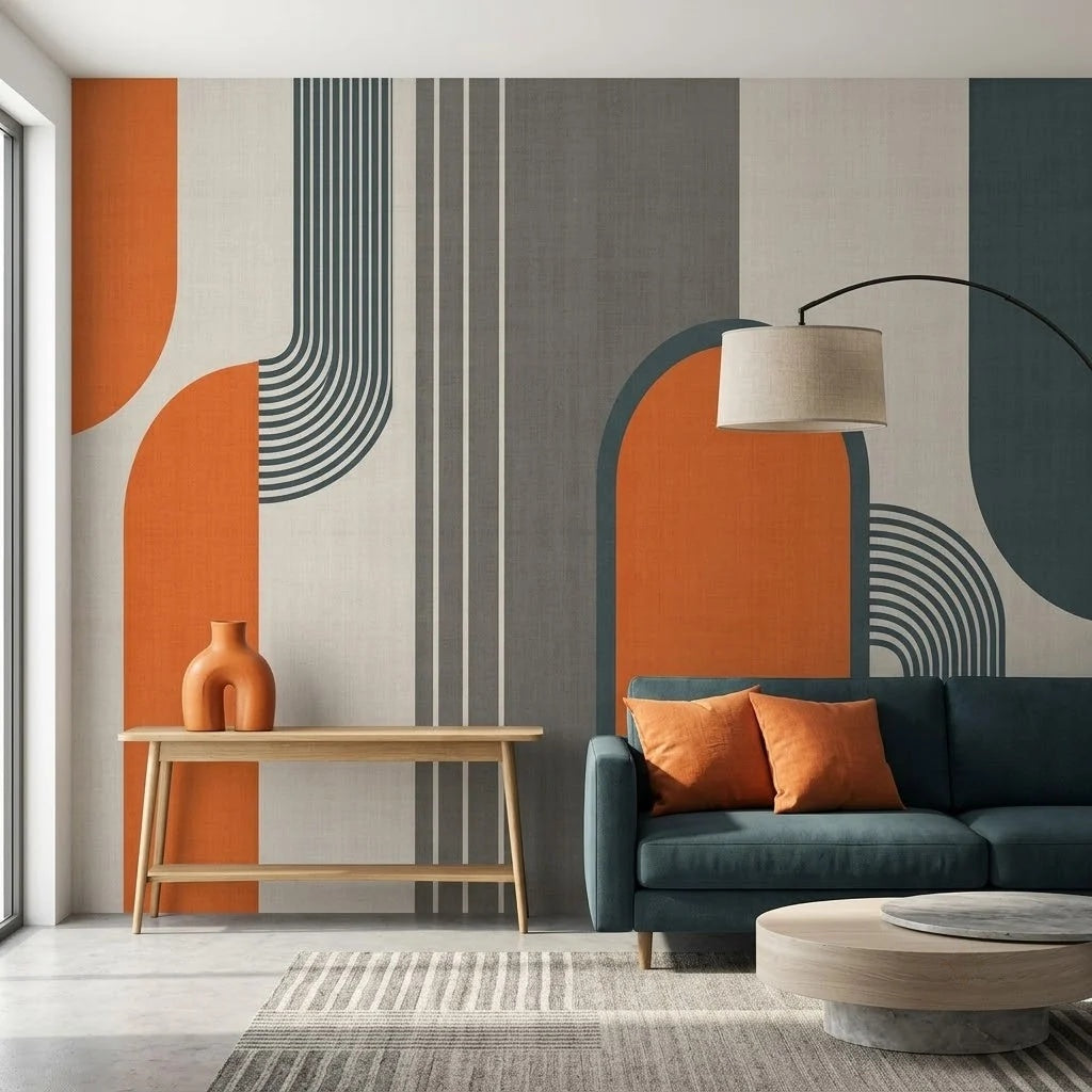 Retro Turuncu Kemerler ve Çizgiler Geometrik Duvar Kağıdı